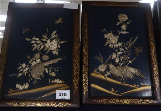A pair of Japanese shibayama plaques with birds and insects overall 37 x 25cm